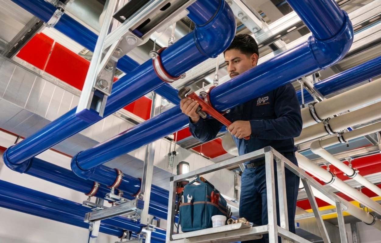 Plumber from Alonso Plumbing Inc. in North County working on commercial plumbing pipes