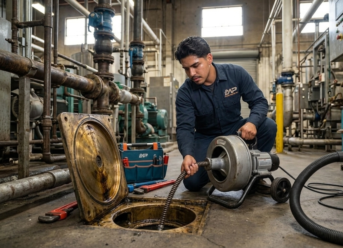Plumber cleaning industrial drain in North County San Diego