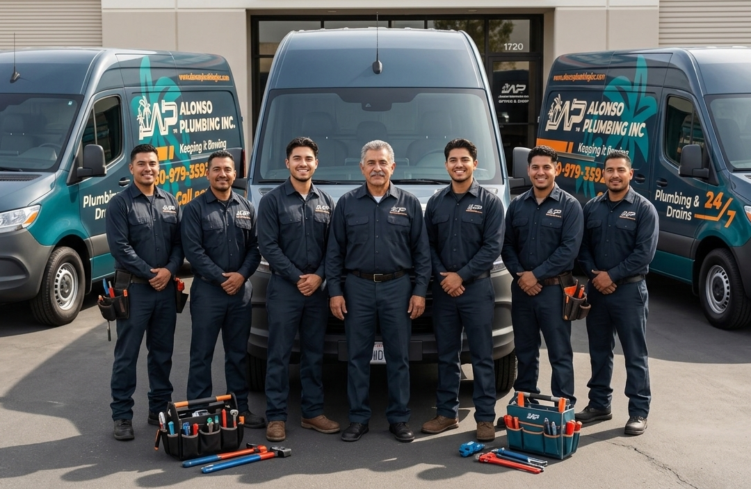 Picture of Alonso Plumbing Inc. Company in Front of Work Vans in Fallbrook, CA.