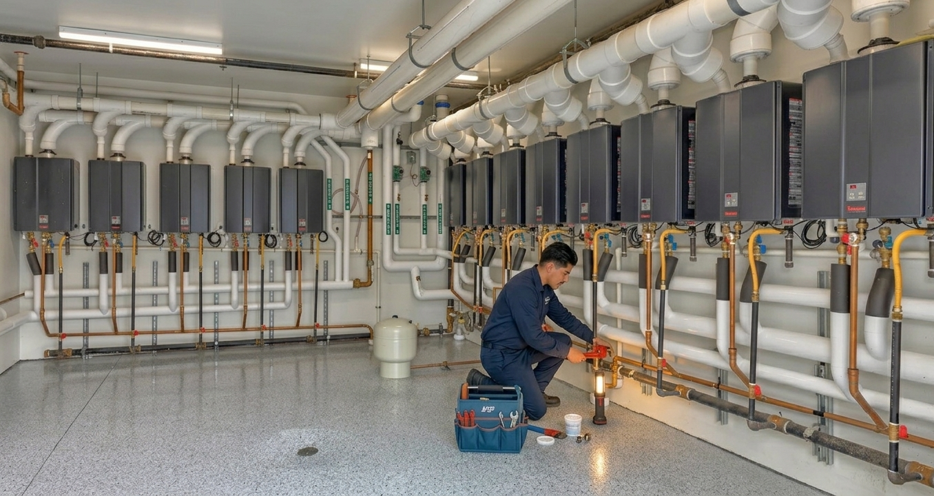 Plumber from Alonso Plumbing Inc. Servicing Water Heaters for a Hotel in North County San Diego.