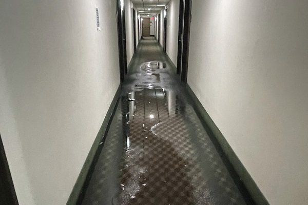 Flooded hallway in Oceanside CA hotel