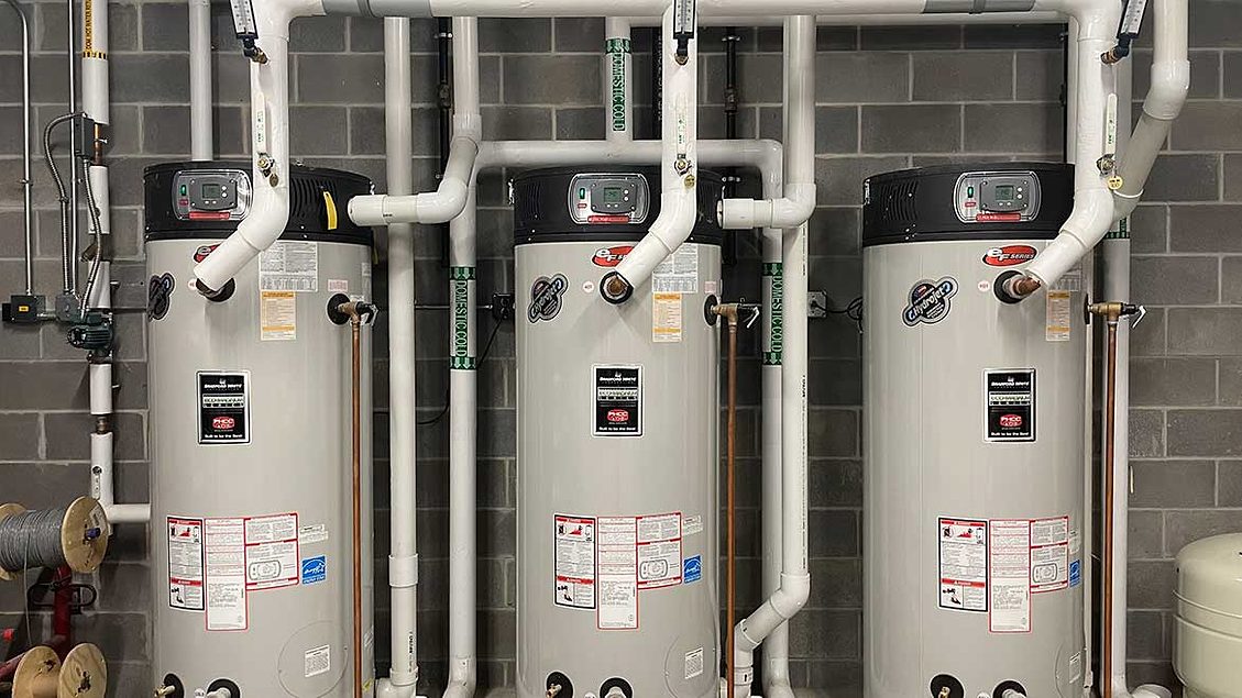 Large Bradford White water heater system for a gym in Oceanside, CA.