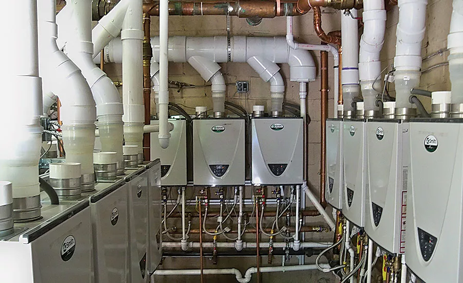 Multiple AO Smith Tankless water heaters installed at a large hotel in Solona Beach, CA