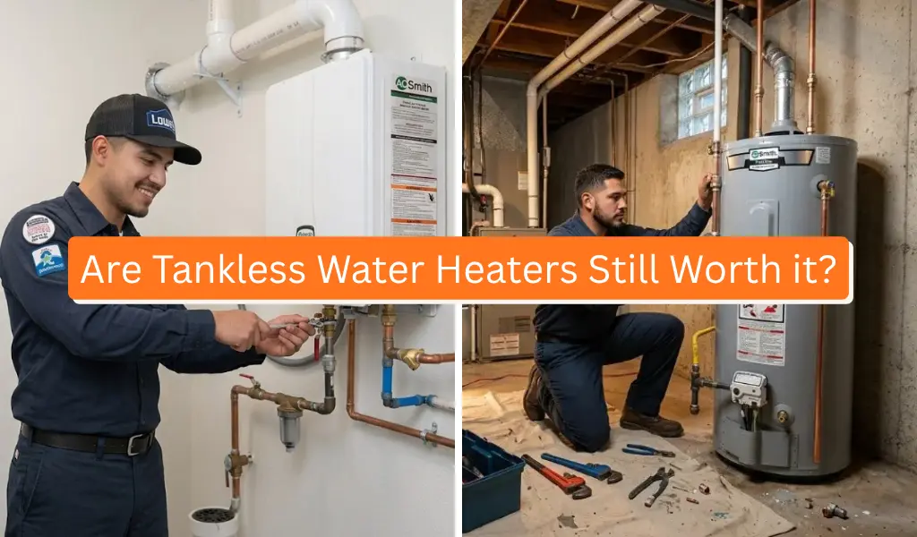 Tankless vs traditional water heater comparison with 2 alonso plumbing inc technicians installing a tankless water heater on the left and a tradition heater on the right with a text "Are tankless water heaters still worth it?" in the center