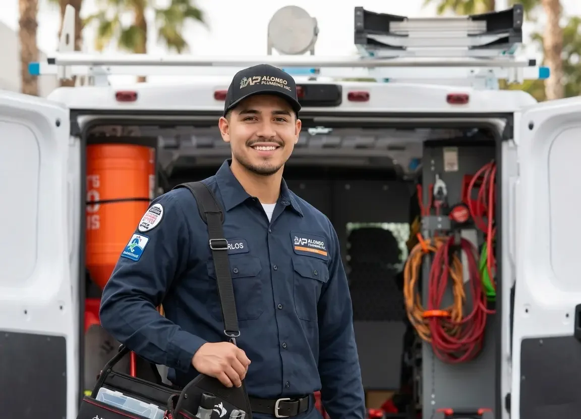 Alonso Plumbing Technician posing in front of a work van with a professional tool bag hanging from his shoulder