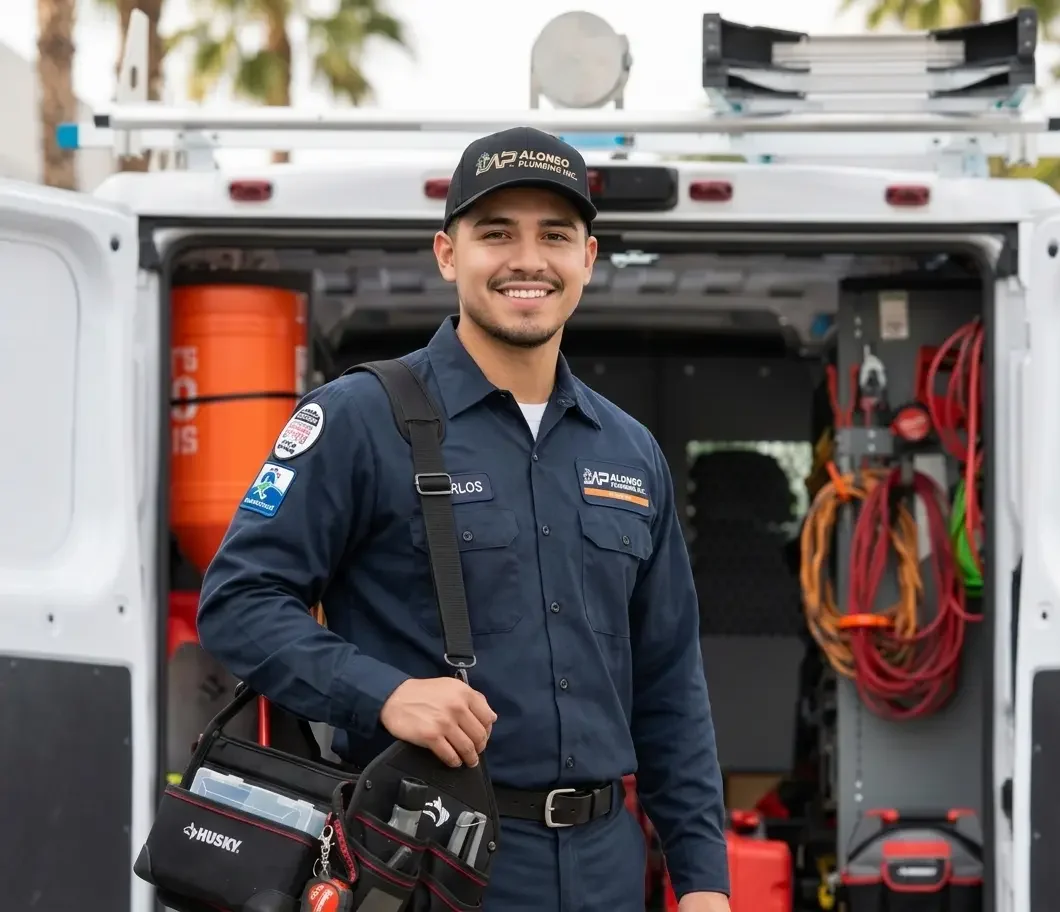 Alonso Plumbing Technician posing in front of a work van with a professional tool bag hanging from his shoulder